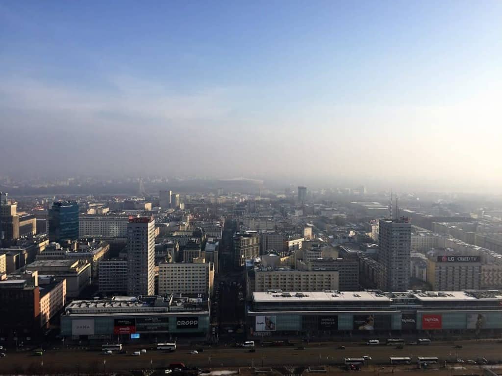 Palace of Culture and Science in Warsaw, Poland - view of Warsaw from the viewing platform on the 30th floor - smog over Warsaw