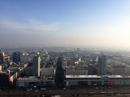 Palace of Culture and Science in Warsaw, Poland - view of Warsaw from the viewing platform on the 30th floor - smog over Warsaw